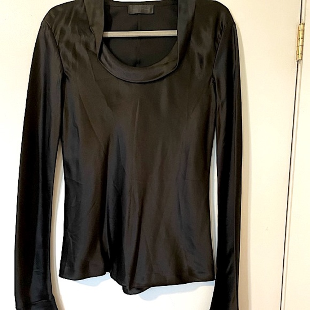 Long-Sleeve Crewneck Silk Blouse